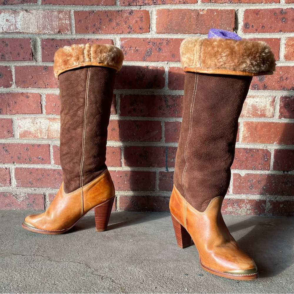 Vintage Brown Suede Cream Sherpa Lined Calf Height Heeled Boots Size 6.5 D - Picture 14 of 16